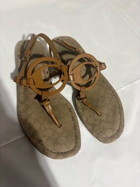 Coach Cognac Leather Logo Thong Sandals - Women's